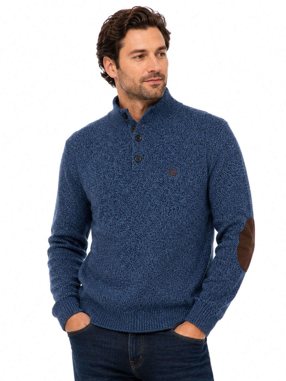 Chaps Blue Marled Mock Neck Button Placket Sweater with Elbow Patches Size L